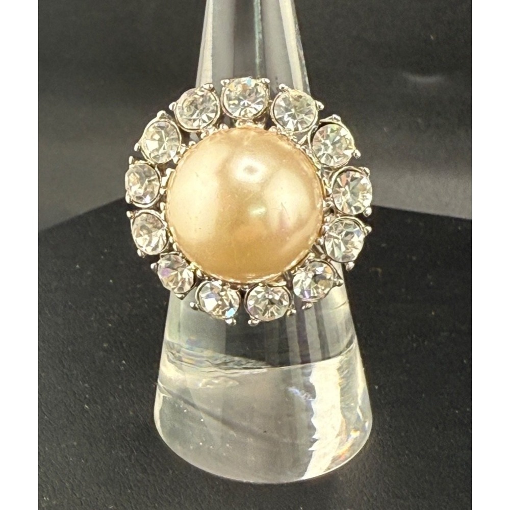 Vintage Faux Pearl Cocktail Ring‎ Rhinestone Size 6